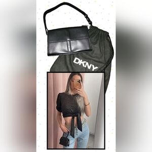 DKNY Black Leather Mini Hand Shoulder Bag with Flap Design